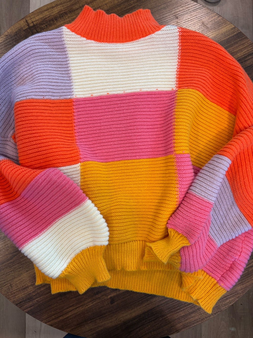 Colorblock Ribbed Crewneck Sweater - Pink, Orange & Yellow